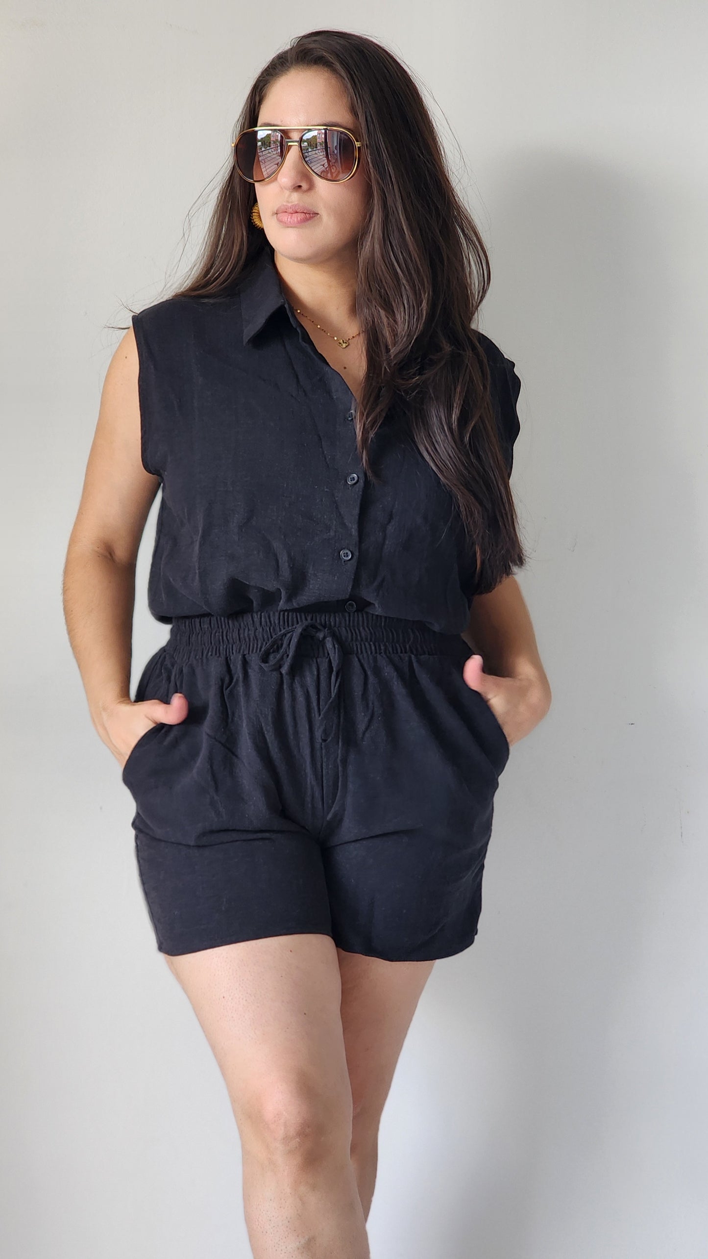 Black Linen short set