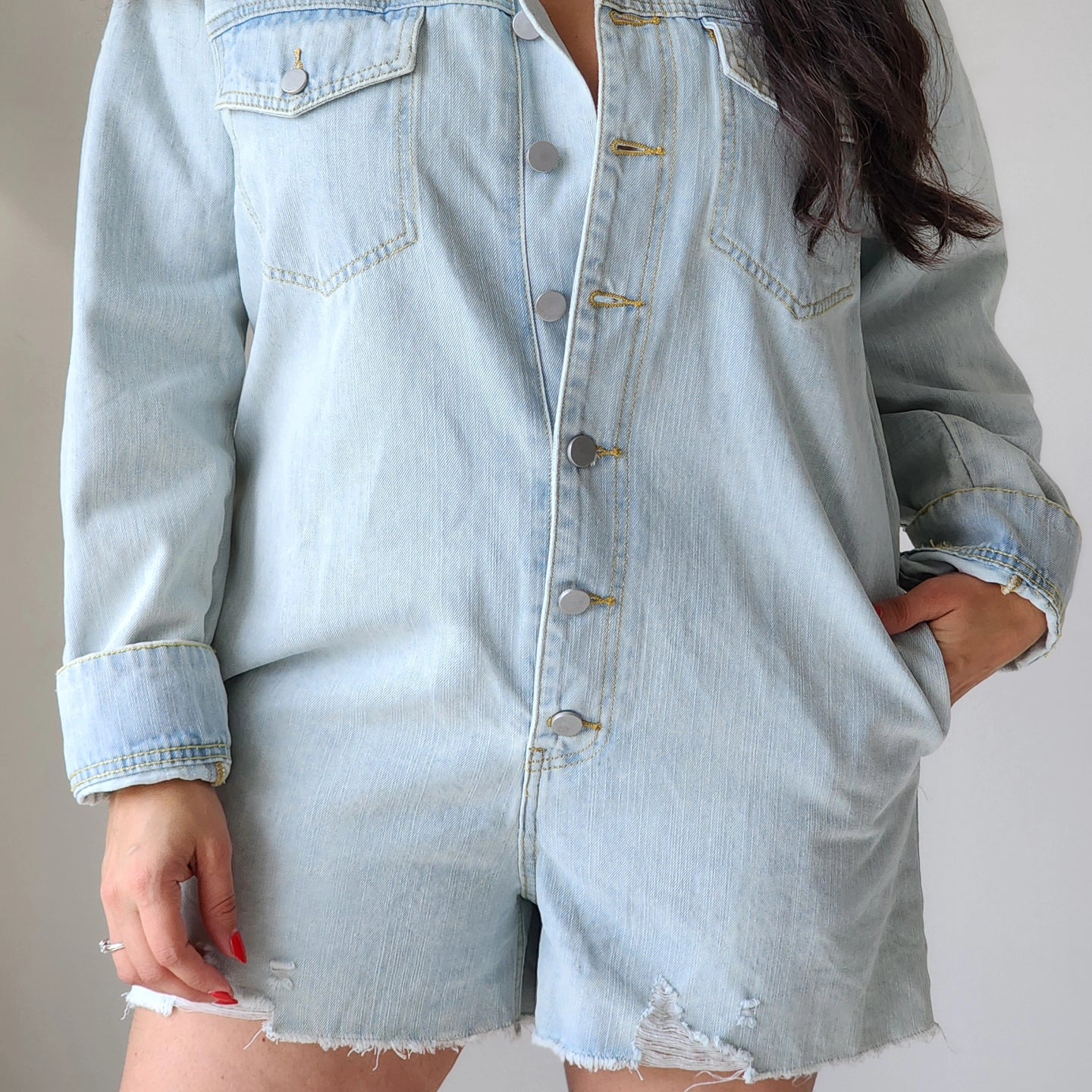 Long sleeve button-down denim romper