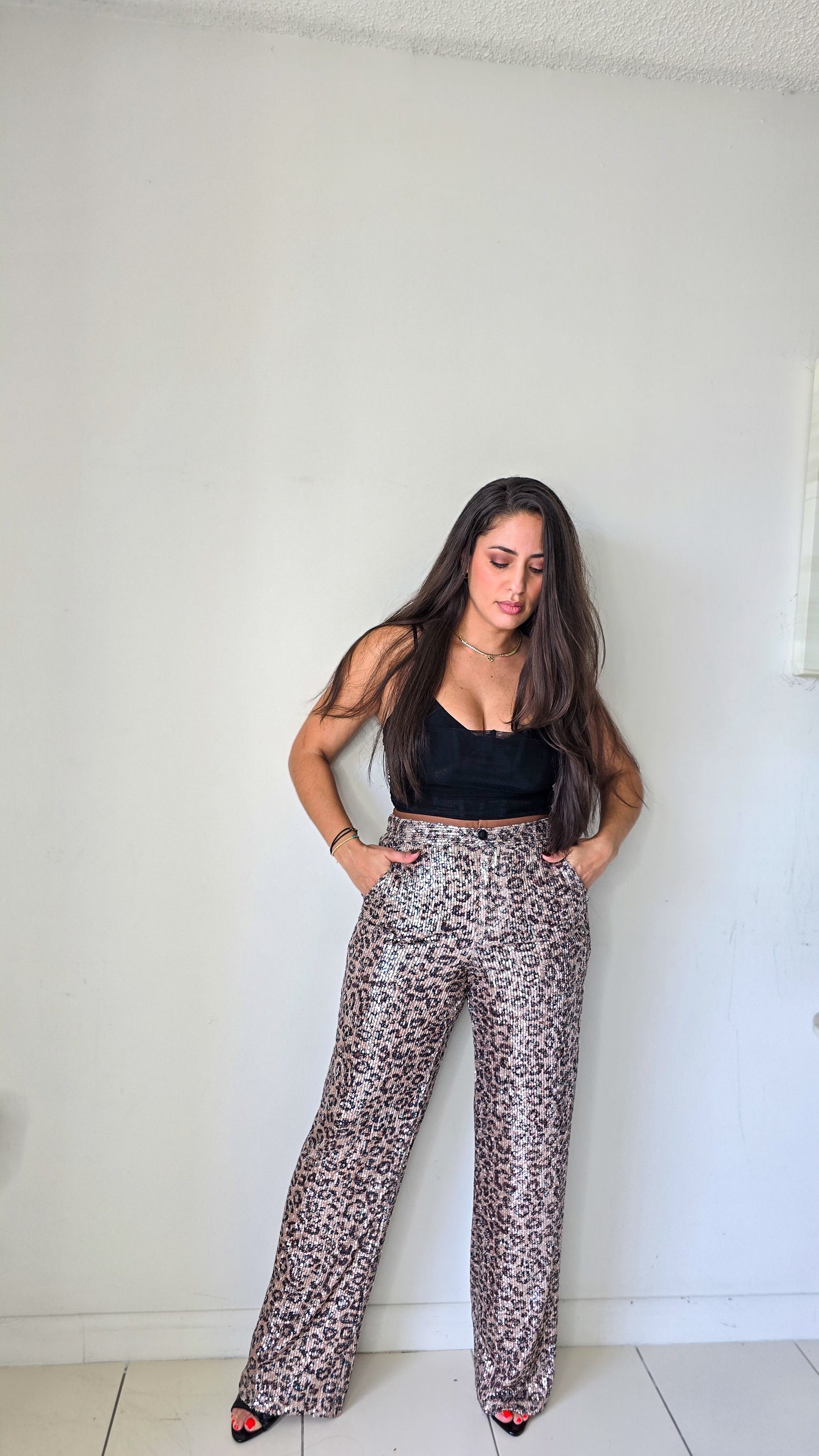 Sequins leopard print pants