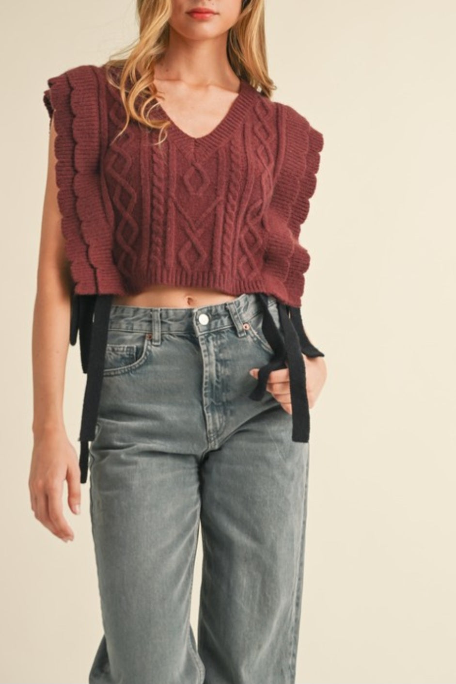 Burgundy knit vest with side bow