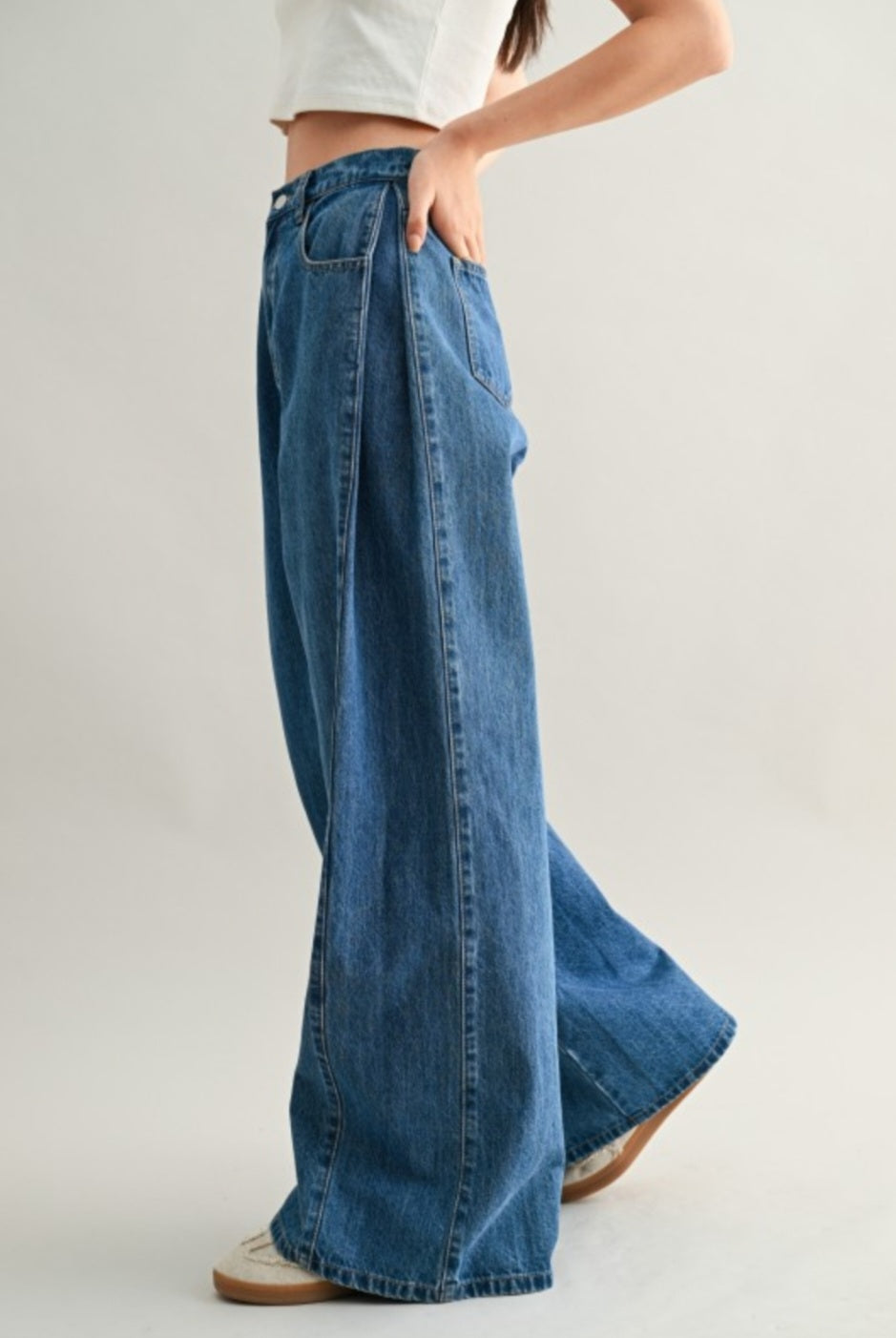 Pleated wide leg denim pants