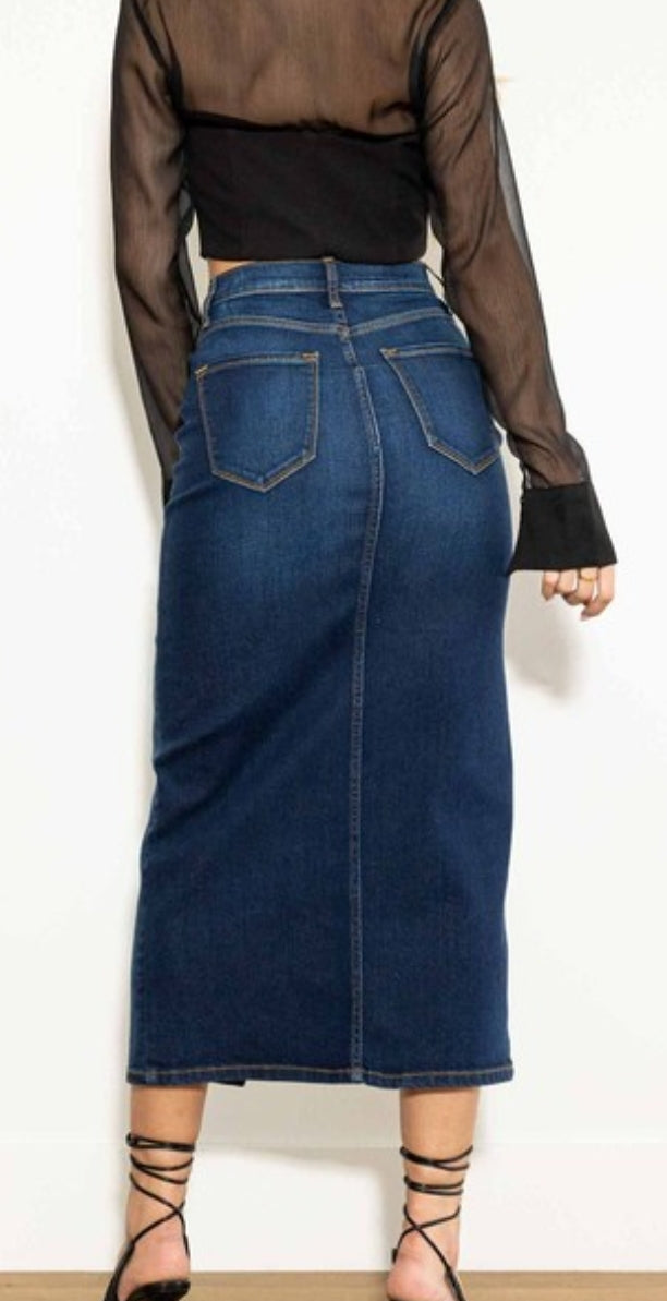 Slit pencil denim skirt [Vibrant]