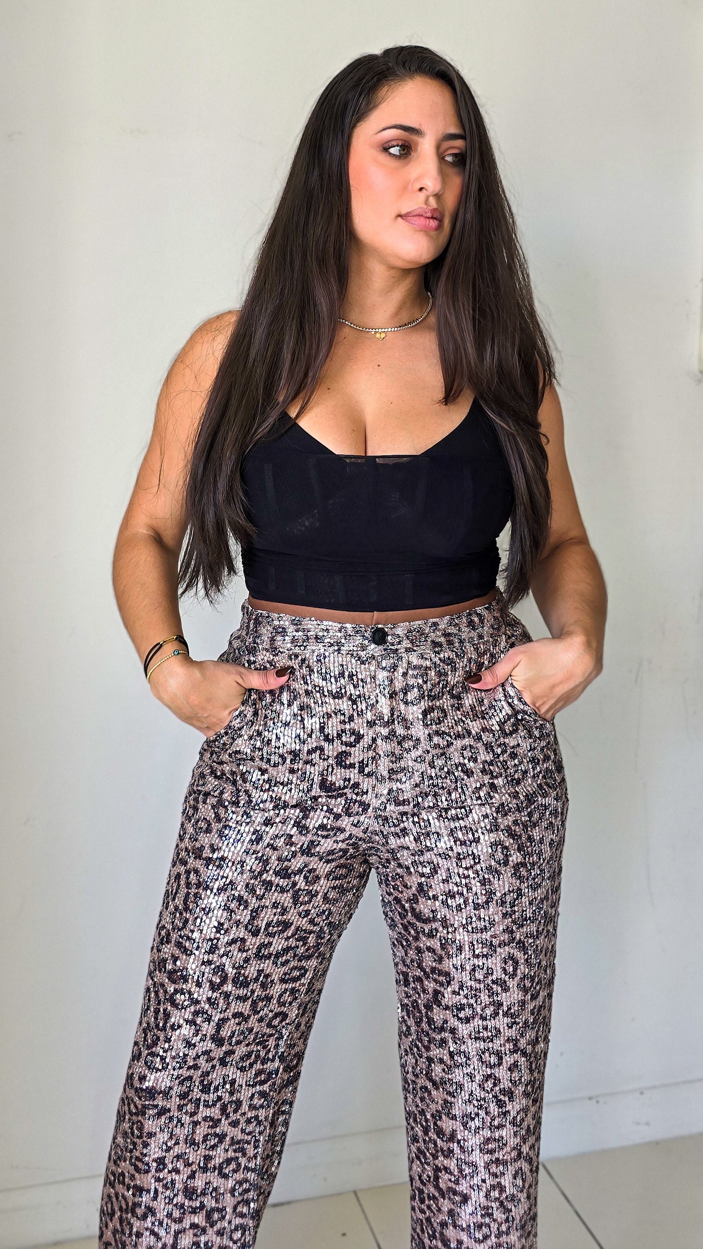 Sequins leopard print pants