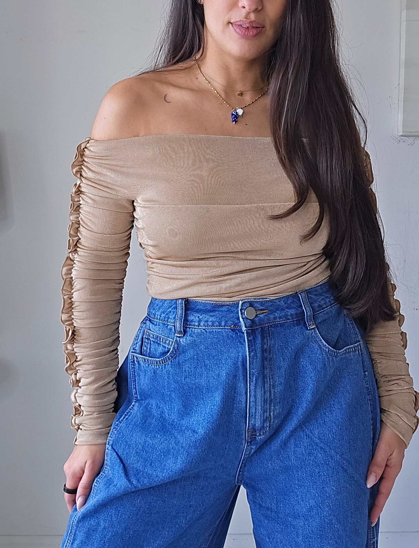 Off shoulder long sleeve knit top