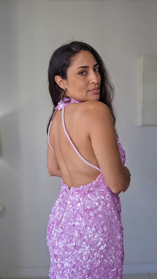 Pink sequin halter mini dress