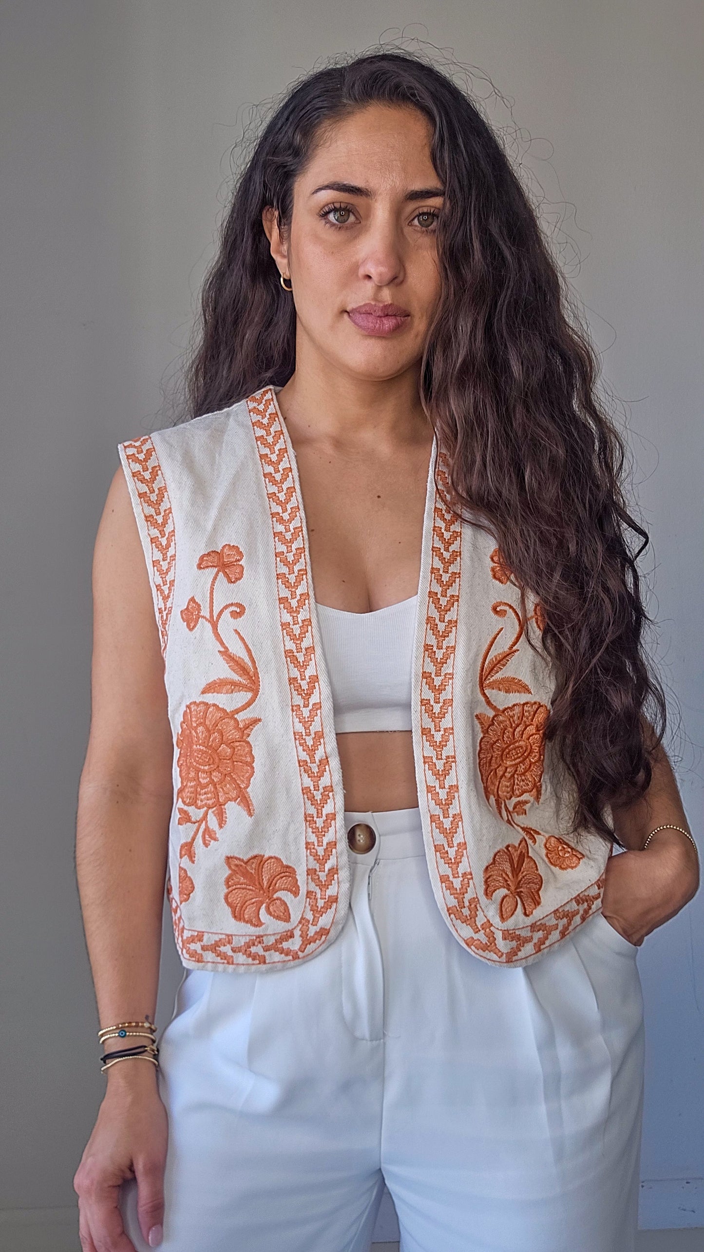 Embroidered denim vest