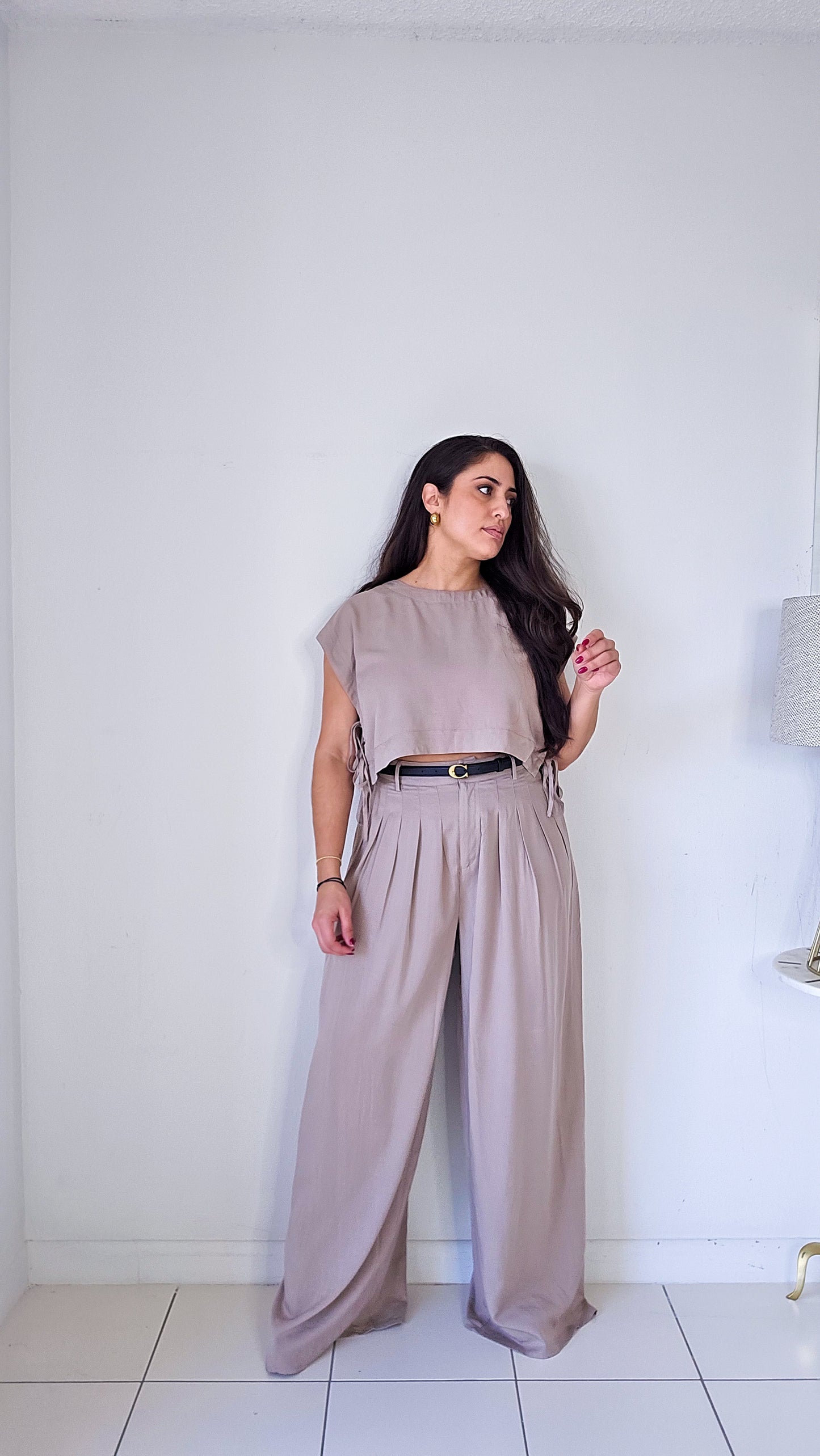 Mocha crop top and pleated wide leg pants set