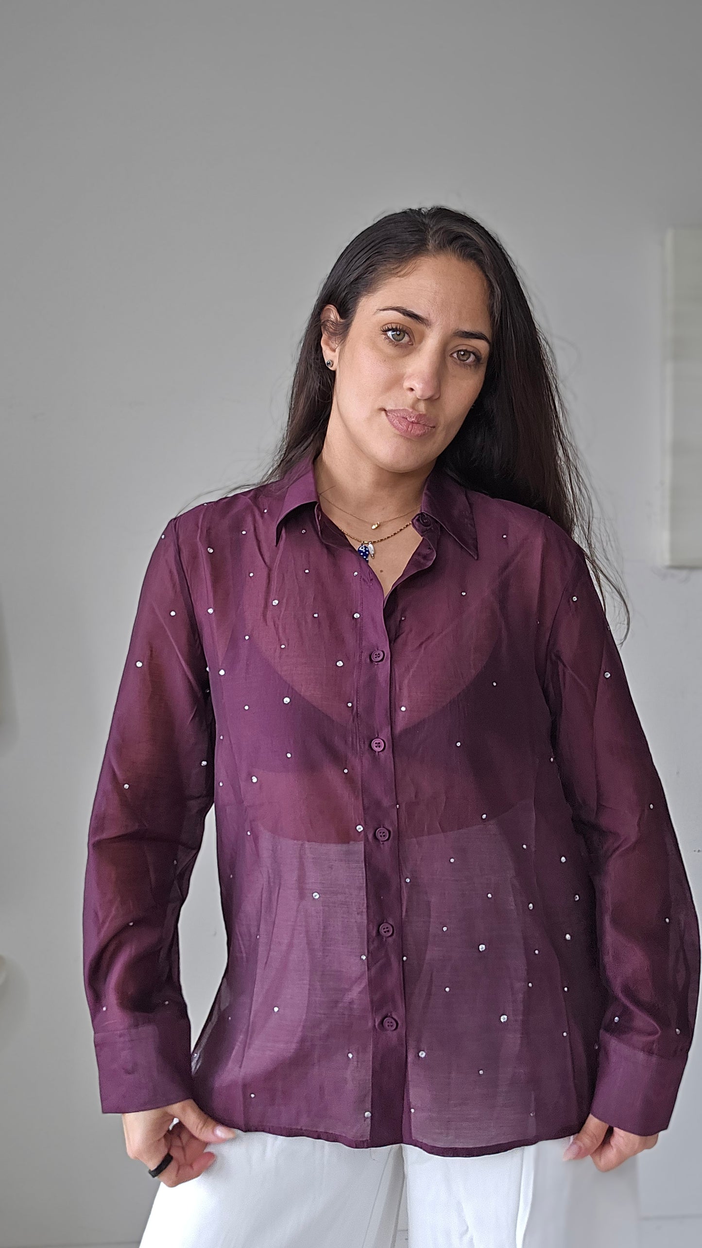 All over rhinestones button down shirt