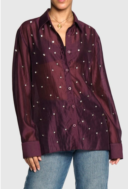 All over rhinestones button down shirt