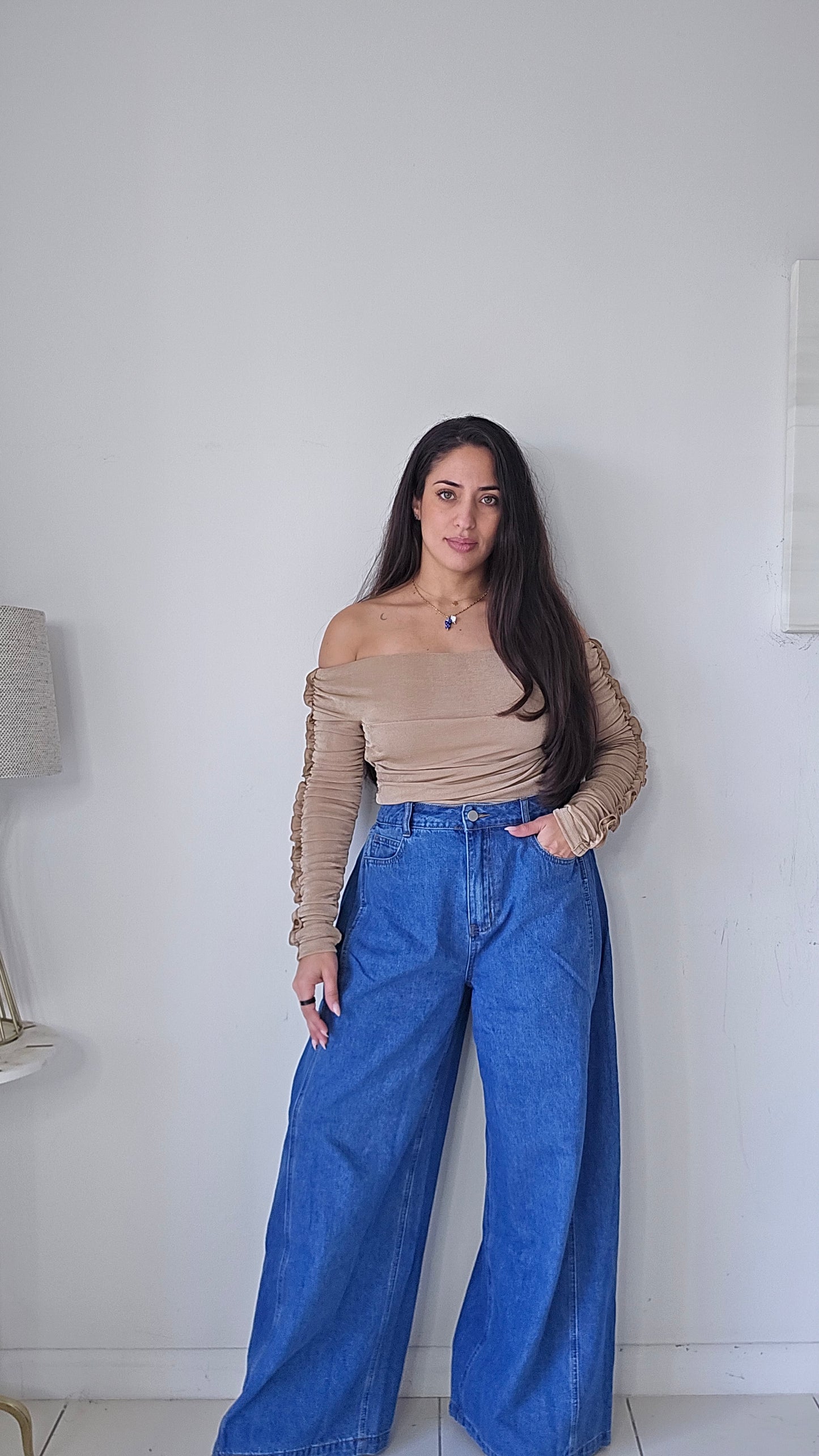 Pleated wide leg denim pants