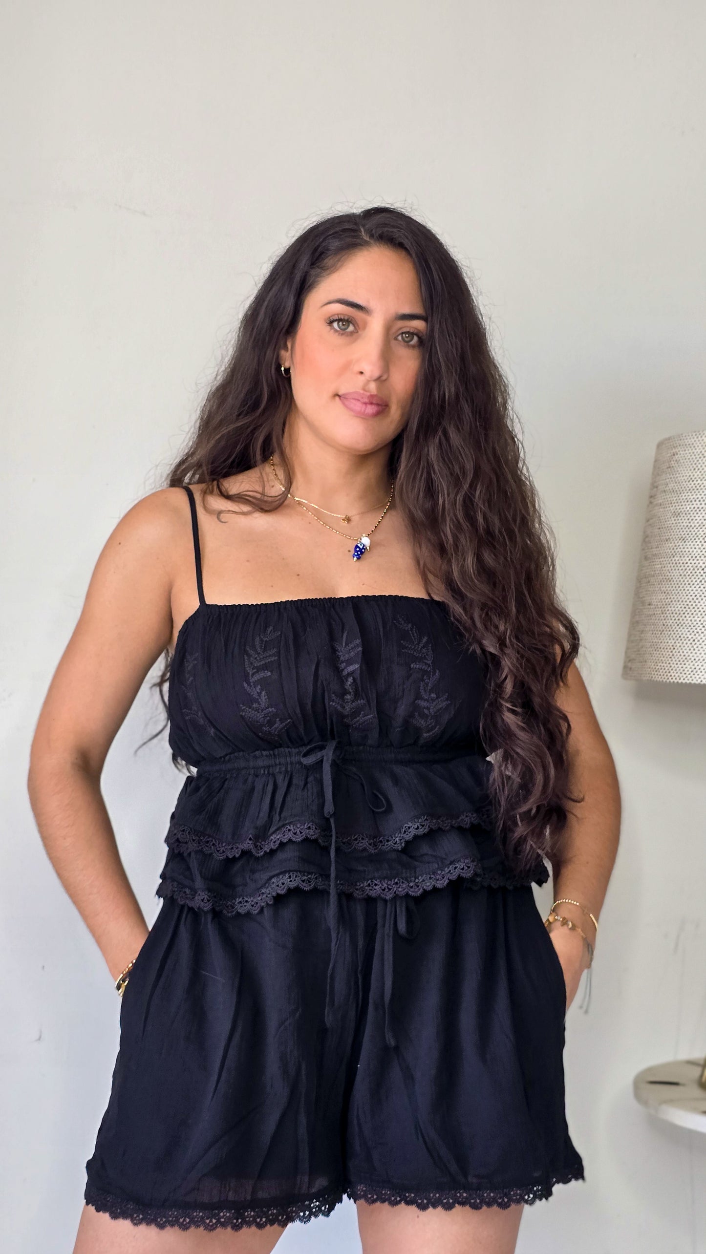 Gauze Embroidery cami top and shorts set