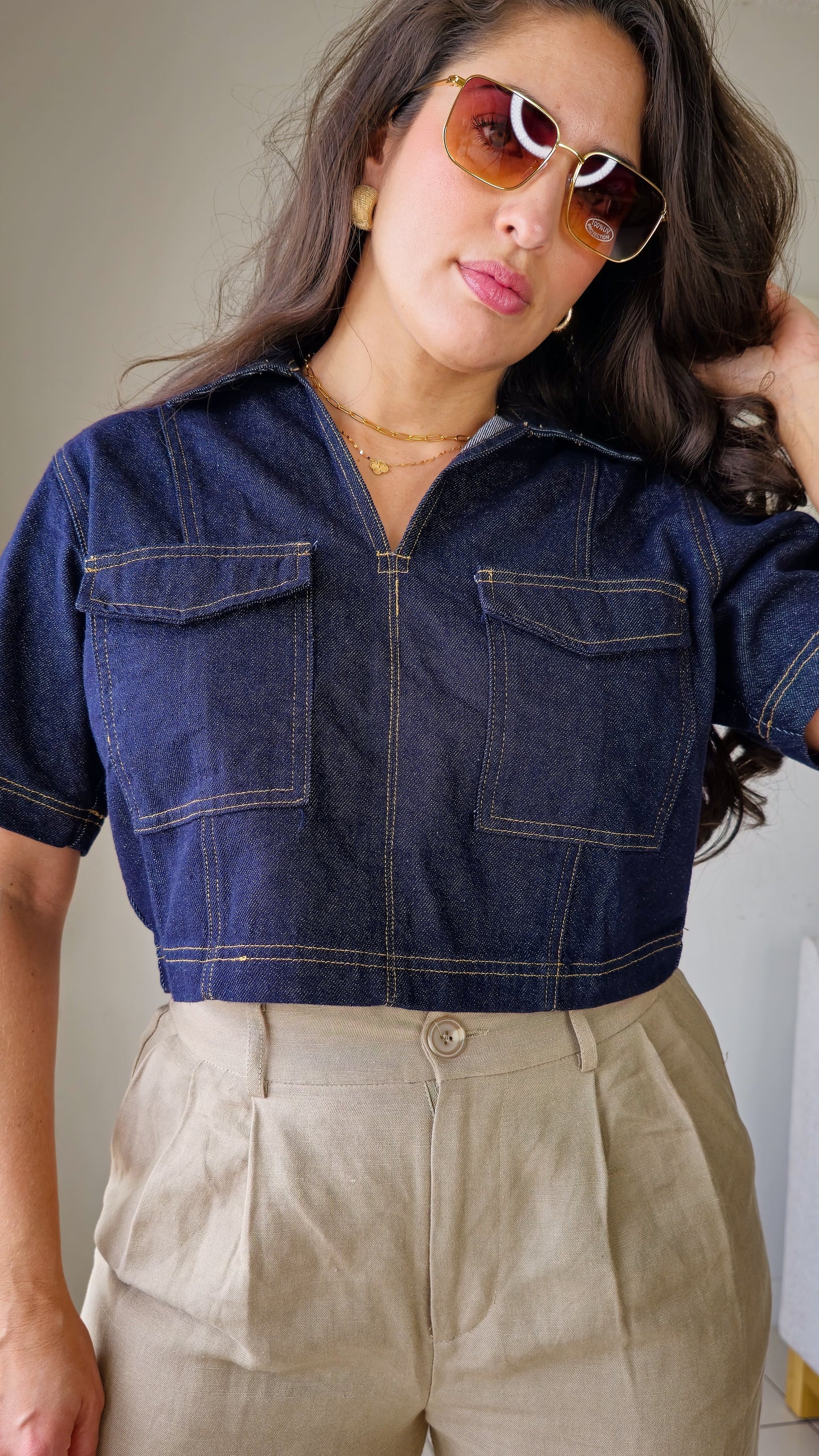 Denim crop top with pockets