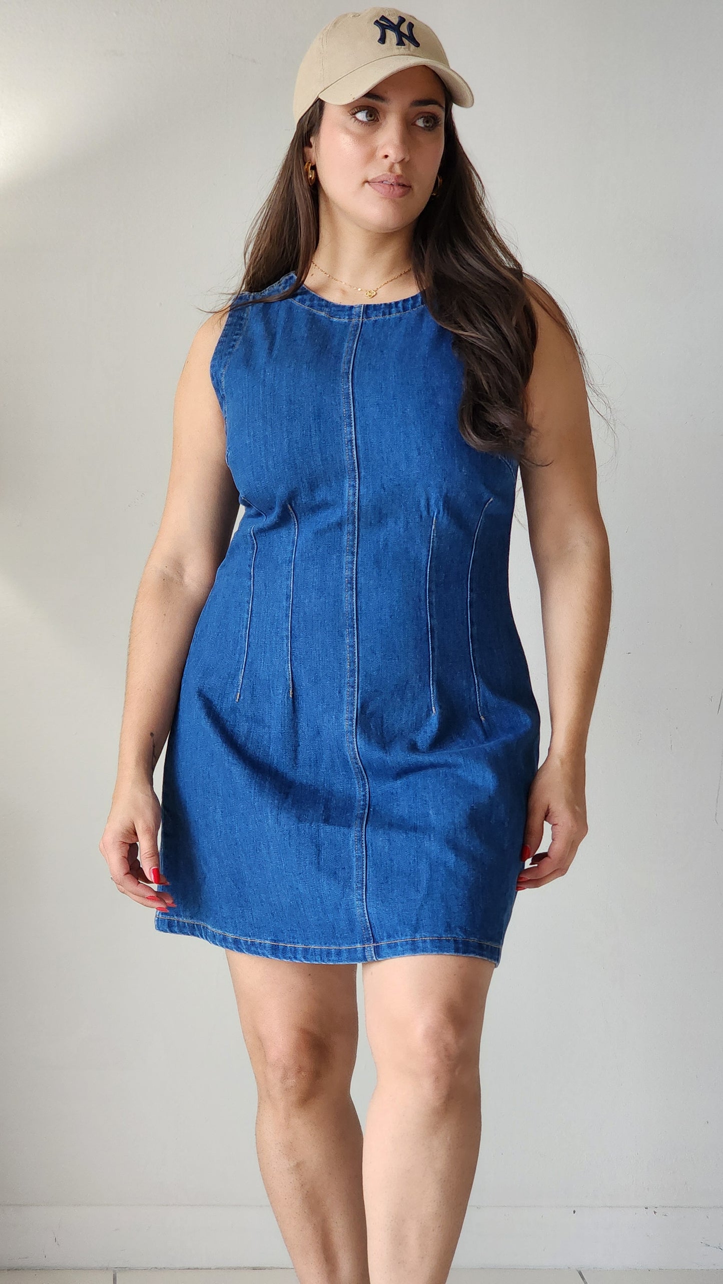 Round neckline Denim mini dress