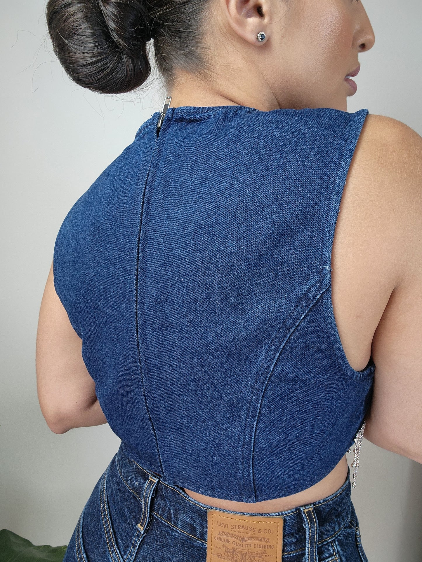 Denim top w/ rhinestones fringe